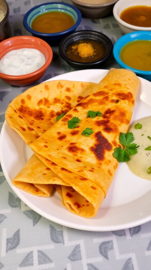 Crispy onion masala dosa on a plate with coconut chutney and sambar, garnished with coriander.